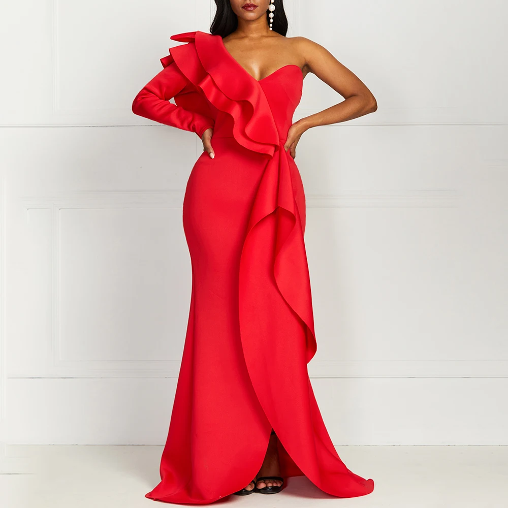 

African Elegant Party Evening Long Dresses Women Sexy One Shoulder Bodycon Female Ruffles Maxi Wedding Birthday Dress Prom 2023