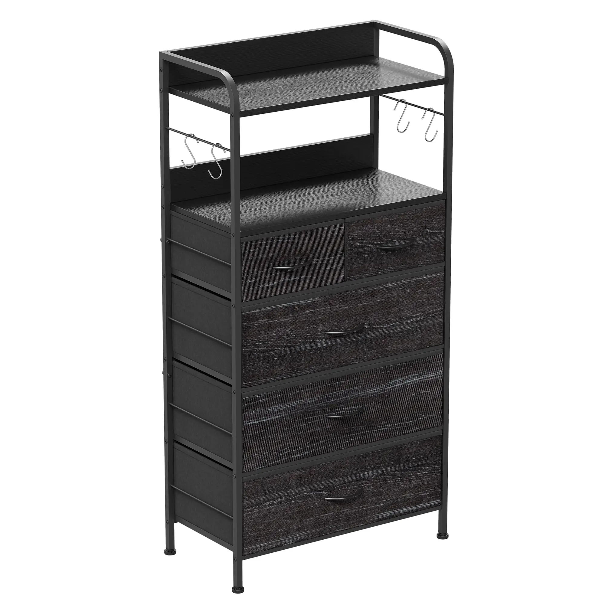Commode de rangement noire polyvalente à 5 tiroirs en tissu, avec cadre métallique, 2 étagères, crochets, gain de place, 120x60x30cm, pour couloir