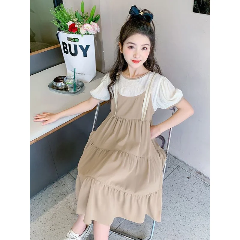 2026Summer New Chiffon Princess Dress, Faux Two-Piece Spliced Strap Dress, Round Neck Girls' Dress