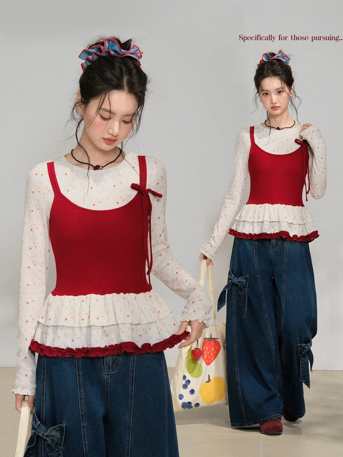 

Sweet Strawberry Knot Fake Two-Piece T-Shirt Women's Slim Fit Spring Casual Style Polyester Fiber Long Sleeve round...