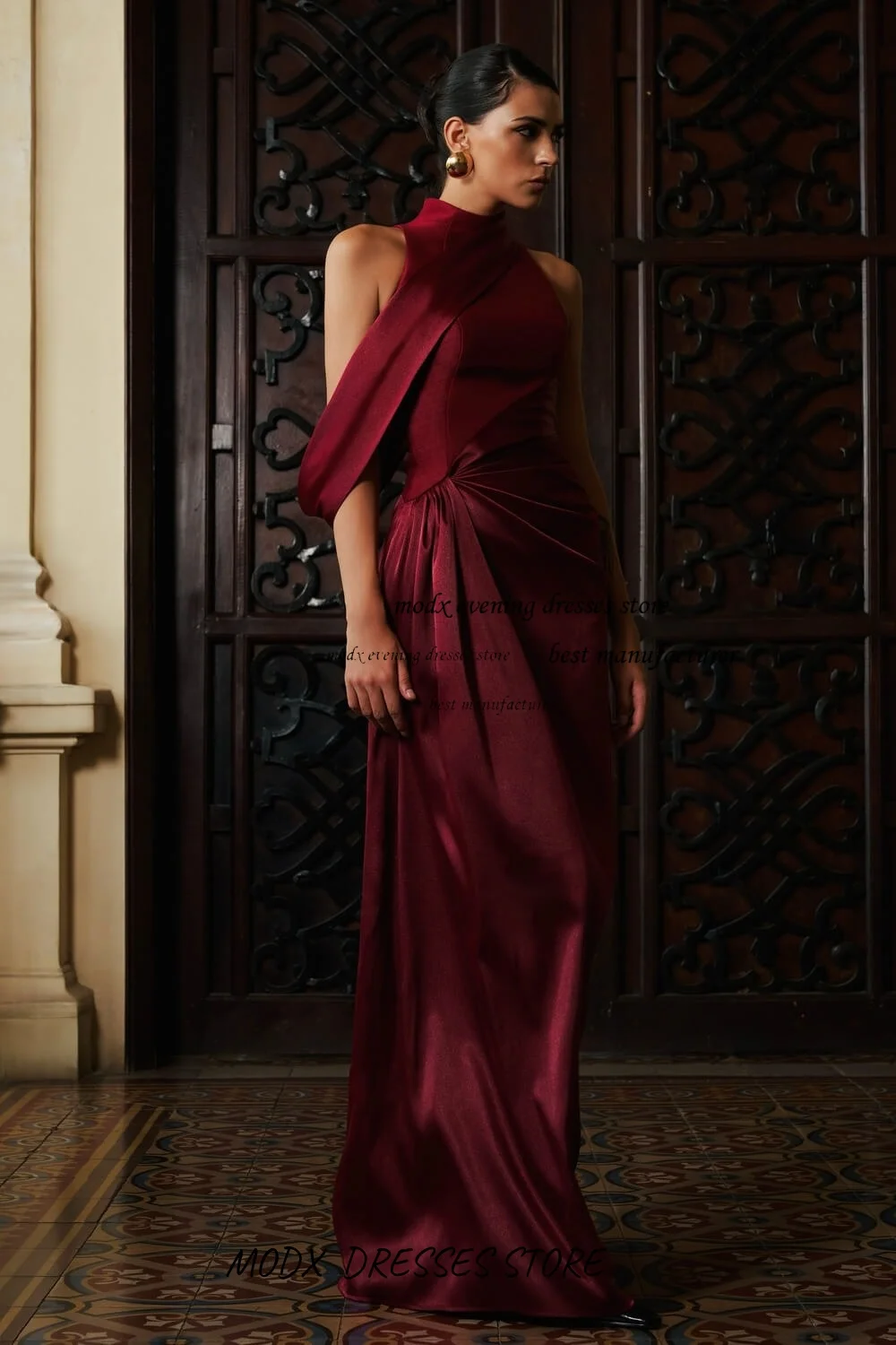 MODX Vinho Vermelho Cetim Vestido de Noite Um Ombro Gola Alta Cintura Drapeada Formal Slim Fit Vestido de Festa فستانmavera