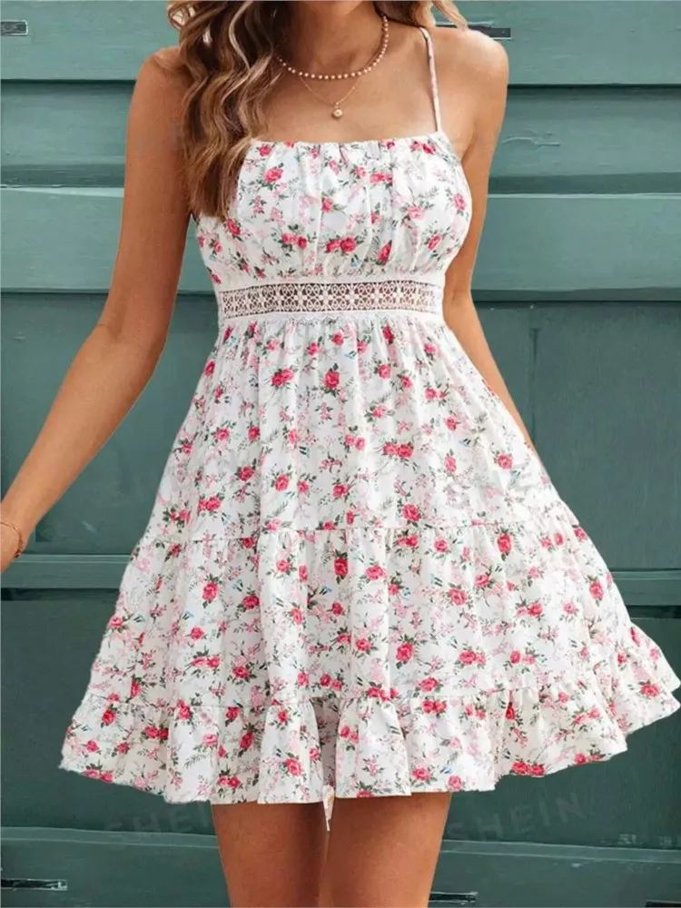 Novedad de verano para mujer, Falda corta con estampado Floral a la moda con bordes de encaje ajustables, vestido corto con tirantes en la cintura