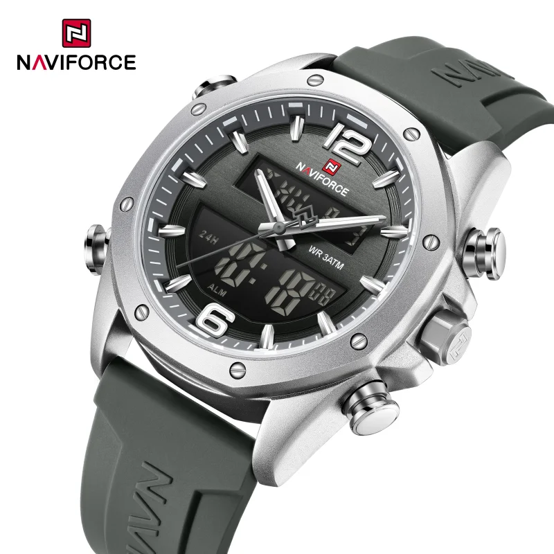 ساعة NAVIFORCE للرجال كوارتز LCD بشاشة عرض مزدوجة مع حزام سيليكون 3ATM مقاومة للماء ومضادة للصدمات وإضاءة ليلية كاجوال رياضية