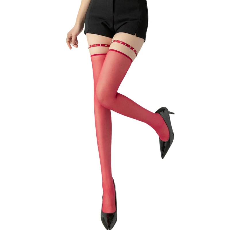 Women Sexy Silk Over Knee Long Sock with Rivets Garter Sheer Thigh High Stocking