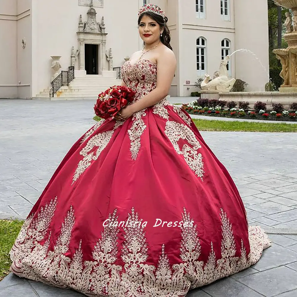 Vestido de quinceañera sin mangas, rojo oscuro, con apliques dorados, corsé con cuentas de encaje, 15 Vestidos de XV Años