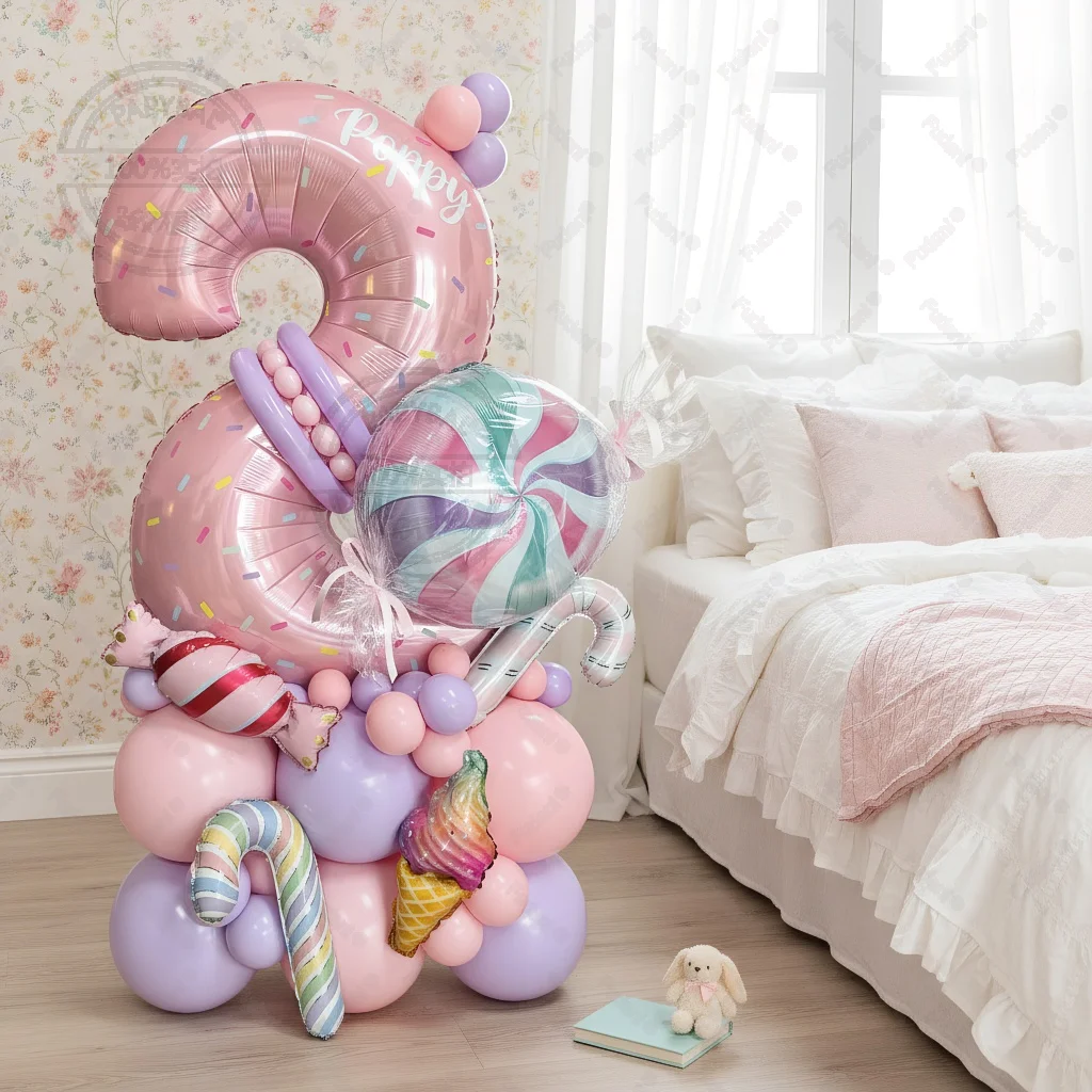 เสาลูกโป่งธีมอมยิ้มสีชมพูหวาน พร้อมตัวเลขขนาด 32 นิ้ว สำหรับงานวันเกิดเด็กผู้หญิง ไอศกรีม ของตกแต่งงานปาร์ตี้ ของขวัญเด็ก ของเล่น