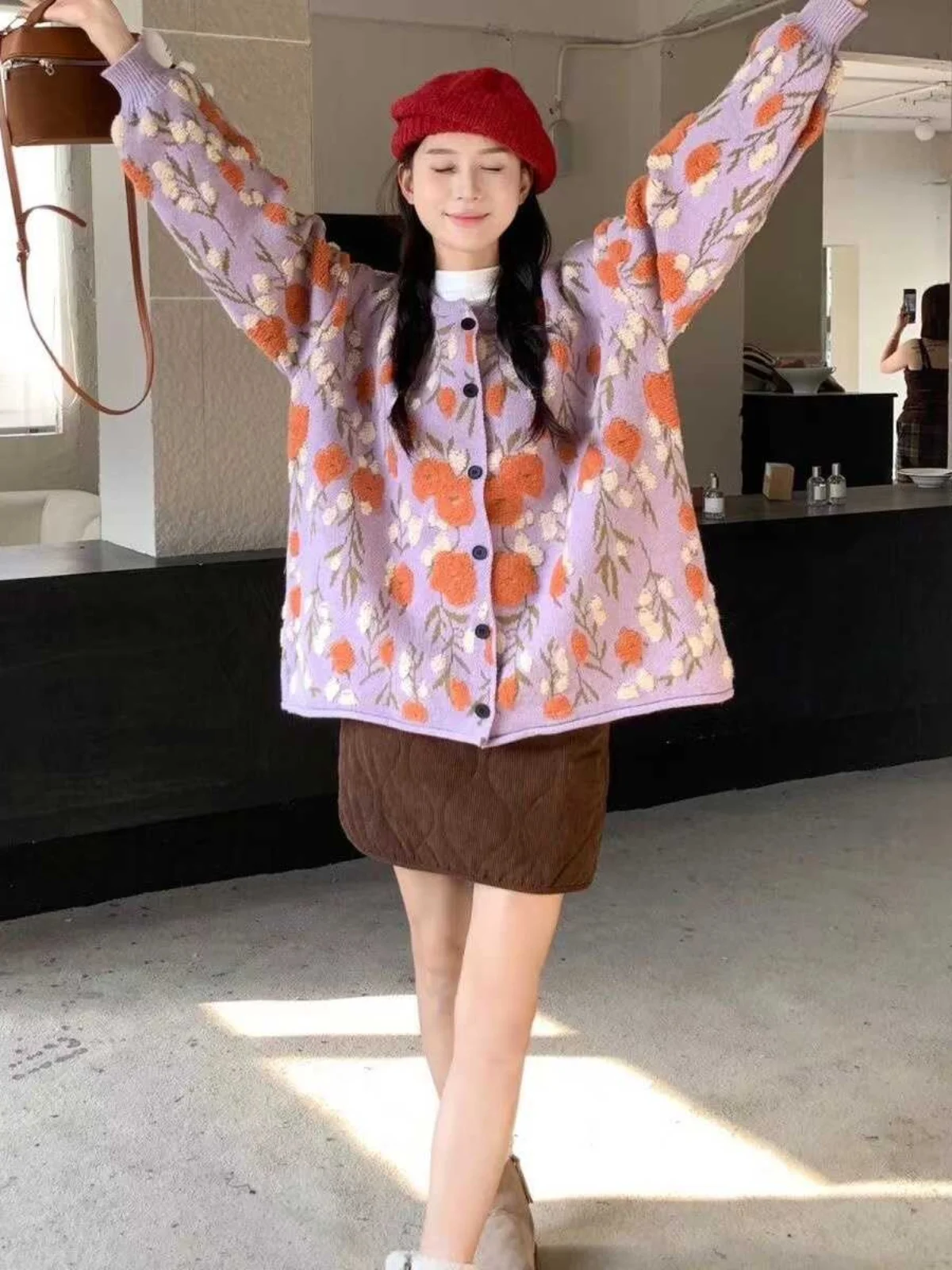 Plus Size Strickjacke Pullover Herbst Winter Lazy Sle 3D Flower Long Sve Vielseitiges Top für Plus Size Damen