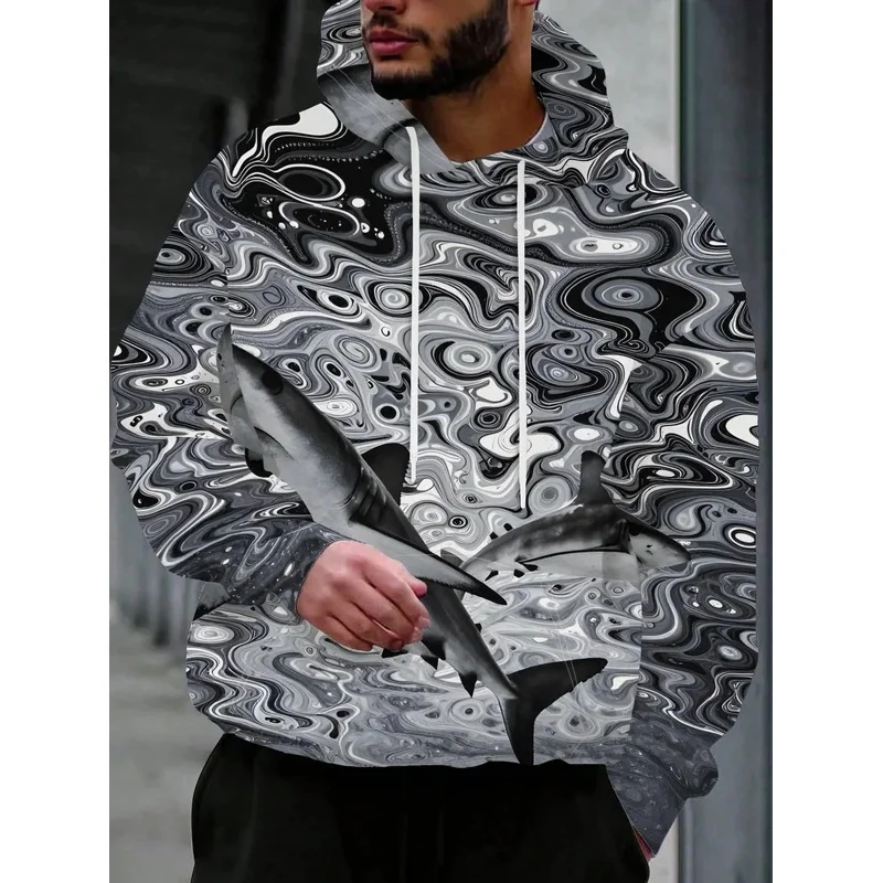 Men Black Gray Swirl Abstract Wave Shark Marine Animal 3D All Over Print Hoodie Casual Long Sleeve Sweatshirt