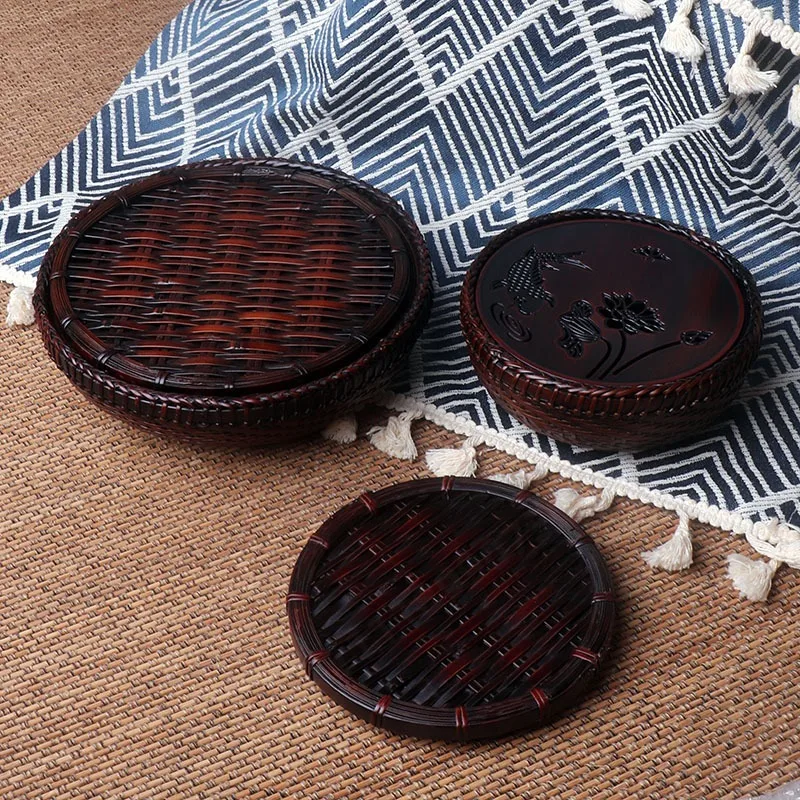 Handmade Lacquer Bamboo Pot Mat Round Tea Tray Dry Brew Platform Teapot Holder Coaster for Tea Ceremony Decor