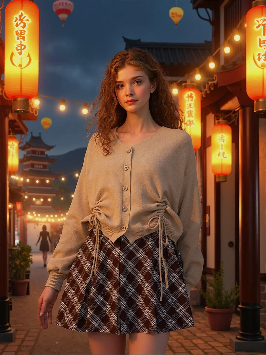 

Plaid Brown Skirts Womens Patchwork Chic Modern Elegant Flowy Ruffled Layered Minimalist Simple Summer Office Skrit