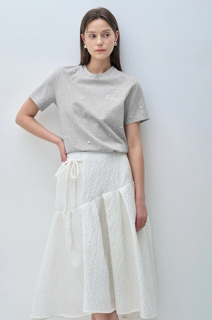 

Faionable round Ne ort Sve T-irt Embroidered Pearl Simple Sle Heavy Work Pearls Match All Slizing M*NE 25 S...