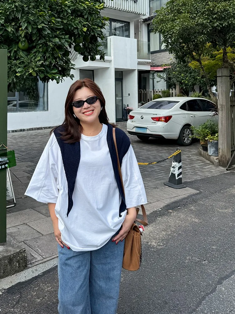 

Loose ort Sve T-irt for plus Size Women Casual Sle Cotton round Ne Overarm Lengthened Hem T-irt by Muzi Ideal