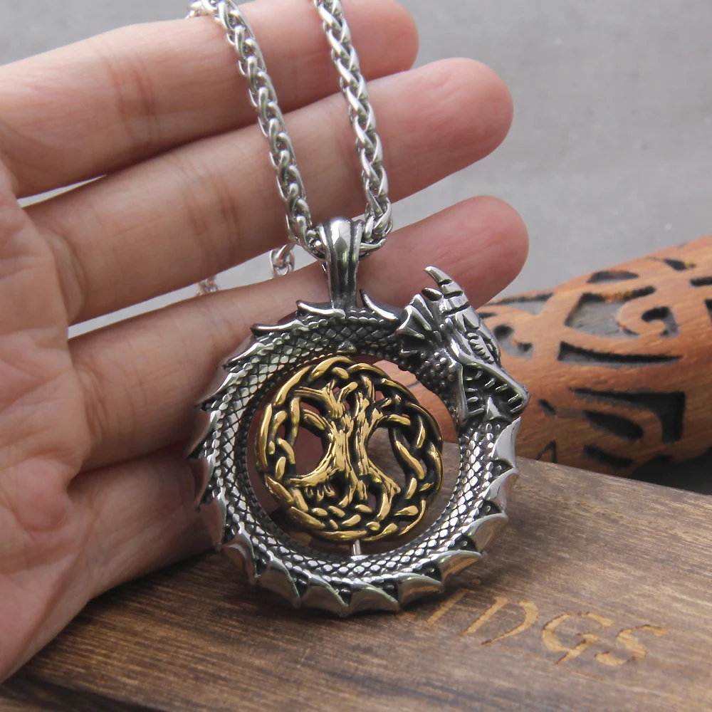 Fashion Gold Color rotating life tree in Amulet ouroboros Pendant Necklace with vikings wood box as men gift