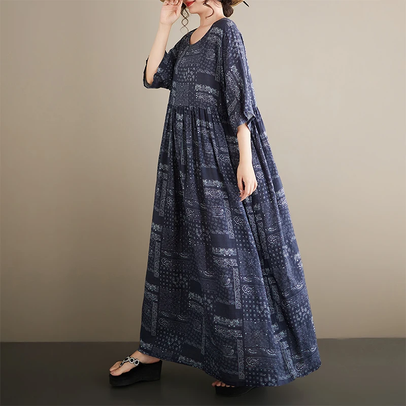 Vestido de Verano Bohemio de Algodón para Mujer, Holgado, Largo, Cuello Redondo, Manga Corta, Estilo Boho, Falda de Largo Medio, Estilo A-Line, para Pasear por la Ciudad