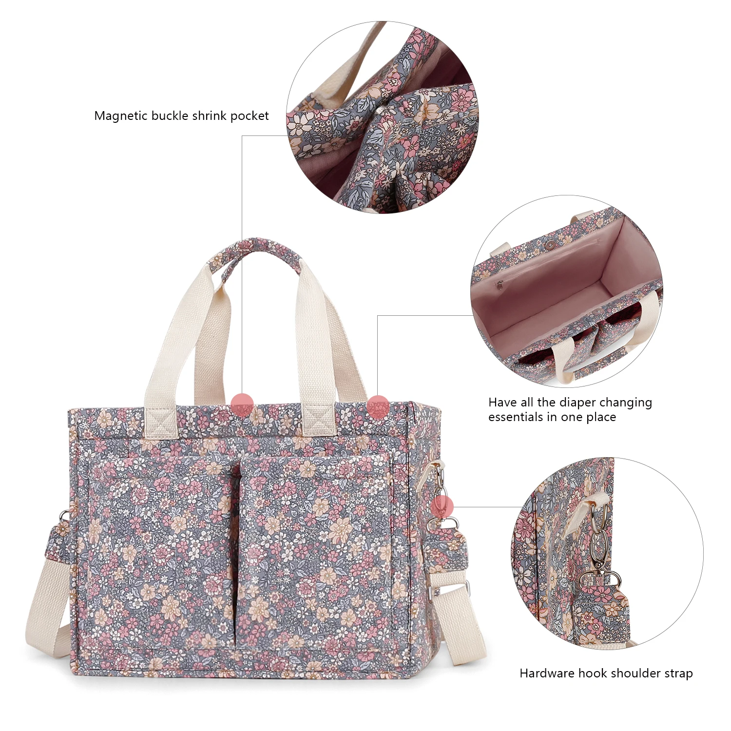 Portable messenger bag multiple pockets and adjustable shoulder strap diaper bag, floral diaper handbag with cart hook