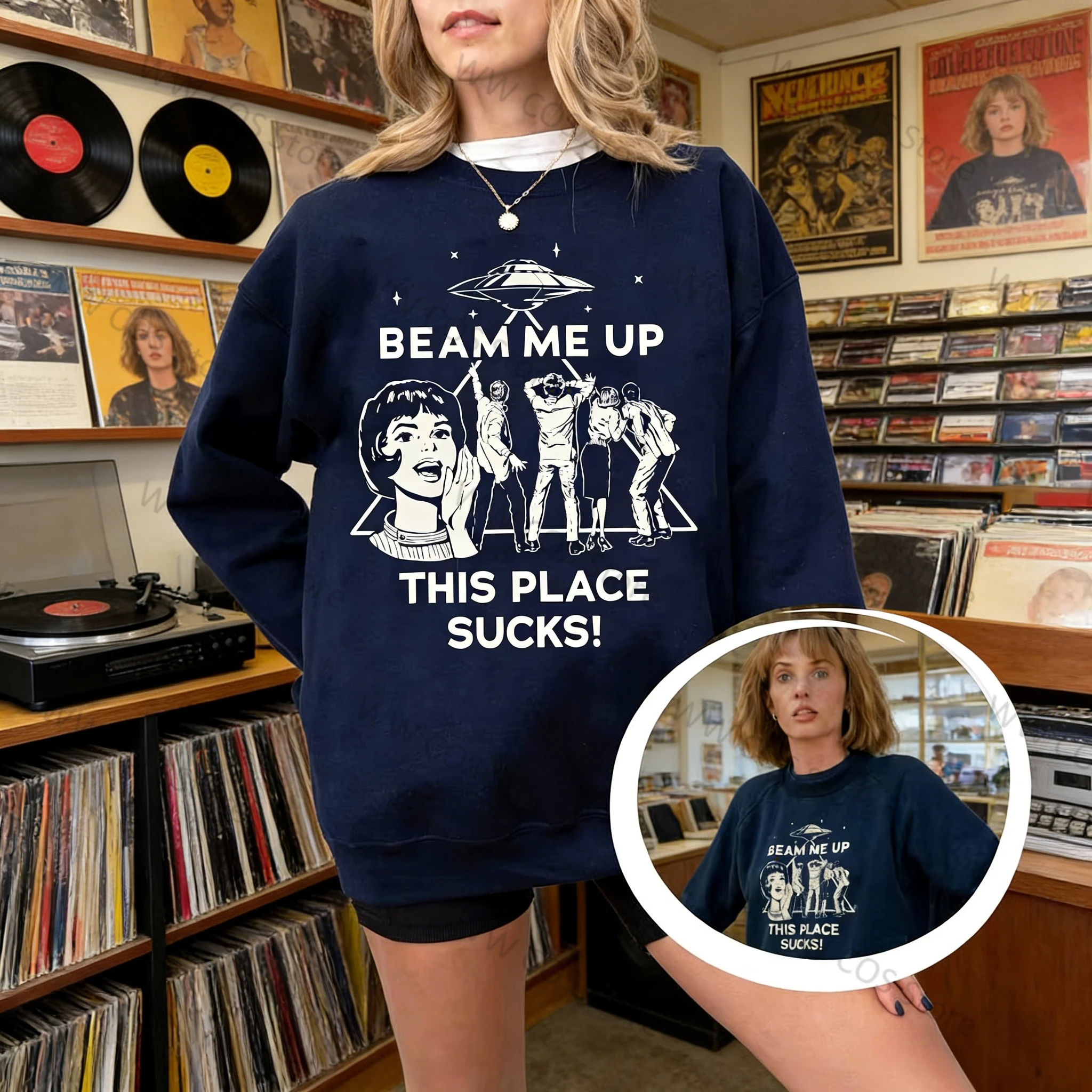 Sudadera con Capucha de Moda Retro con Estampado de la Frase 'Beam Me Up his Place Sucks' de la Serie 'Monster Things' Temporada 5, para Otoño e Invierno, WWW