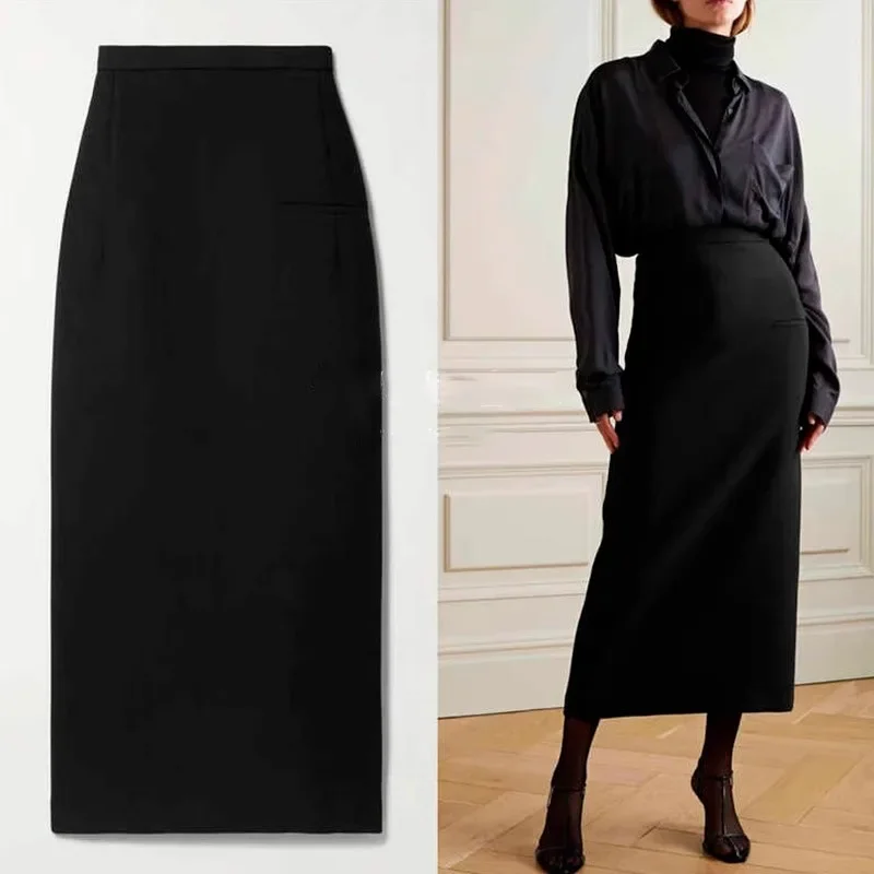 

Women's Wool Vintage Slim Semi Skirt Th*row 2023 Autumn and Winter Medium Long Black Niche Semi Skirt Y2k Clothes Korean Style