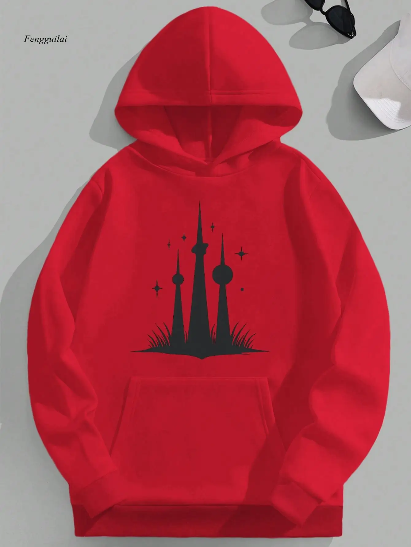 هوديي برسومات Celestial Spire - سويت شيرت كاجوال بأكمام طويلة باللون الأخضر مع تصميم ليلي مرصع بالنجوم، مقاس فضفاض