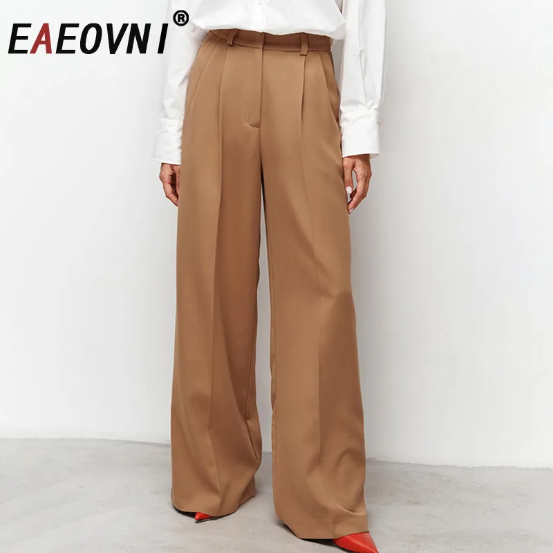 

EAEOVNI Office Lady Solid Color Long Pants For Women High Waist Loose Wide Leg Trousers Fashion 2025 Female New Clothing 1A471