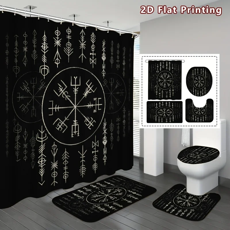 4pc 2D Flat Nordic Compass Shower Curtain Set, White Runes & Arrows Pattern, Traditional Nordic Home Bathroom Decor