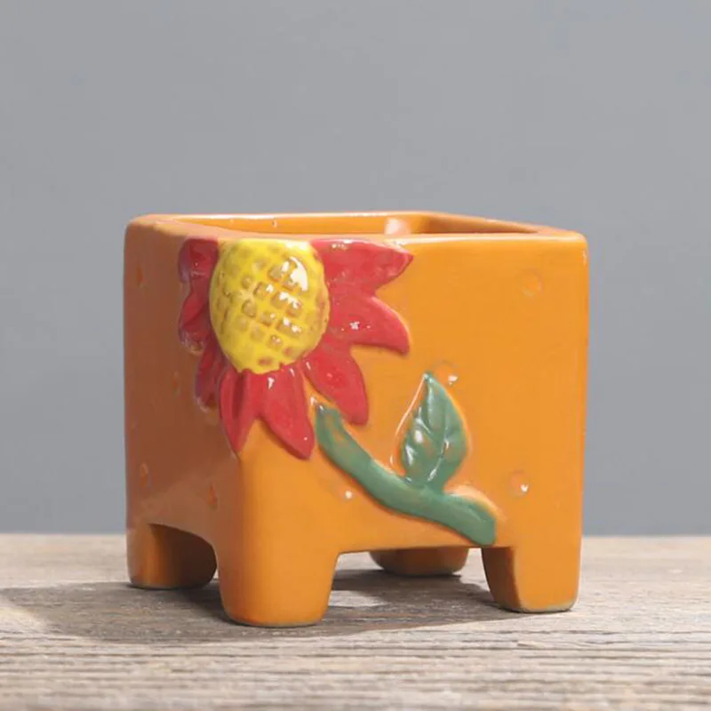 Mini Thumb Sunflower Pattern Flower Pot Handpainted Ceramic Plant Pot Square Vase Desktop Ornaments Garden Home Decor