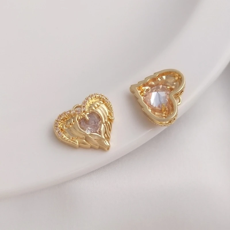 14K Real Gold Filled Color-Preserving Copper 14*11MM Zircon Heart Wing Charms Pendants DIY Jewelry Making Findings Accessories