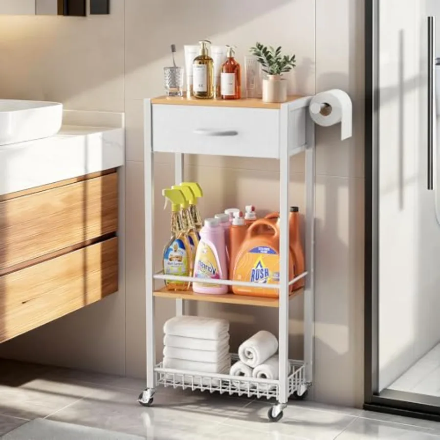 

Bathroom Organizer and Storage Cart with Drawer, 3-Tier Narrow Rolling Utility Cart with Wood Top and Wheels for Small Spaces,