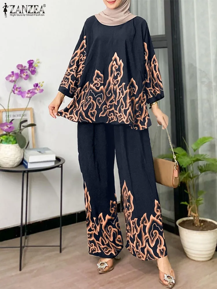 

2PCS Women Muslim Sets Causal Long Sleeve Printed Blouse Wide Leg Pant Sets Spring Tracksuits 2024 ZANZEA Eid Mubarek Outfits