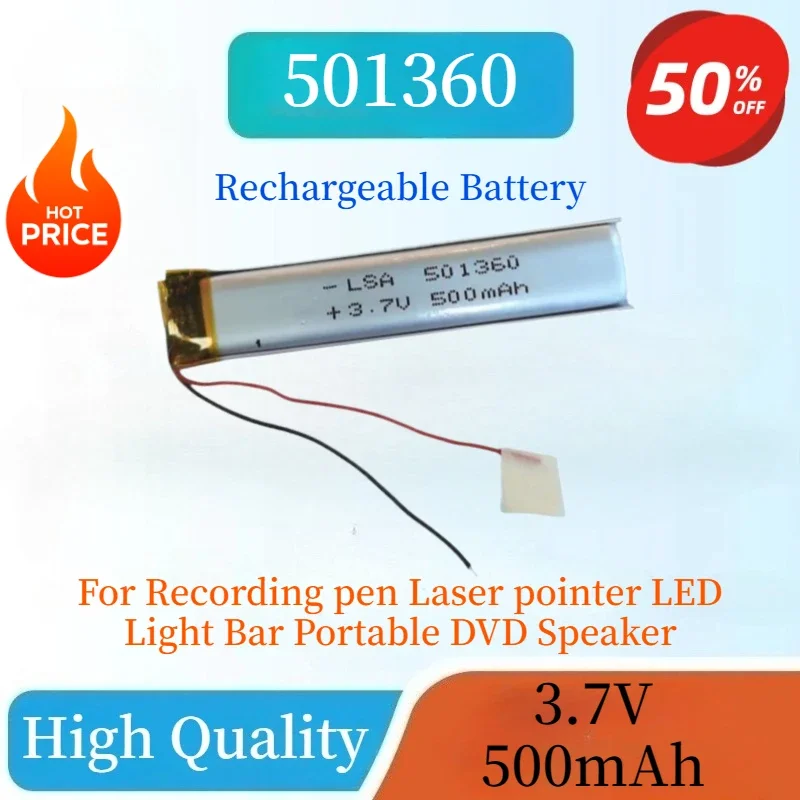 

501360 3.7V 500mAh Polymer Lithium Battery For Recording pen Laser pointer LED Light Bar Portable DVD Speaker High Quality