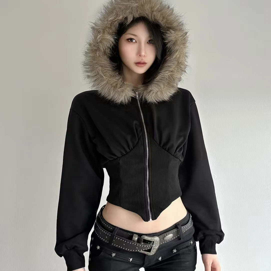 

Черный ретро меховой воротник, короткая толстовка с капюшоном на молнии, корейская женская осенне-зимняя уличная тонкая модная винтажная уличная одежда