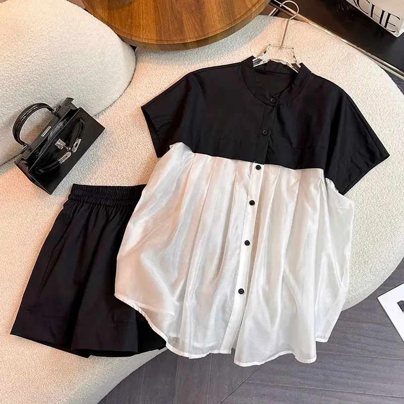 

Summer 2 Pieces Women Outfits short Sleeve Shirt+Broad-legged Shorts Set patchwork Fashion Ladies Solid Suits Casual Sleepwear