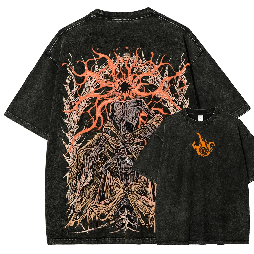 Vintage Sufferer Print T-Shirt Herren Goth Ästhetik Vintage Washed Tee 100% Baumwolle Schwergewicht Streetwear Dark Fantasy Art