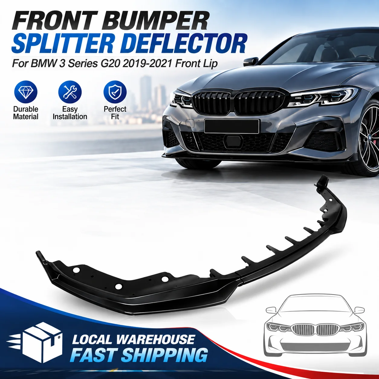 Paraurti anteriore, splitter per spoiler anteriore, per BMW Serie 3 G20 2019-2021, labbro anteriore, resistente e durevole.