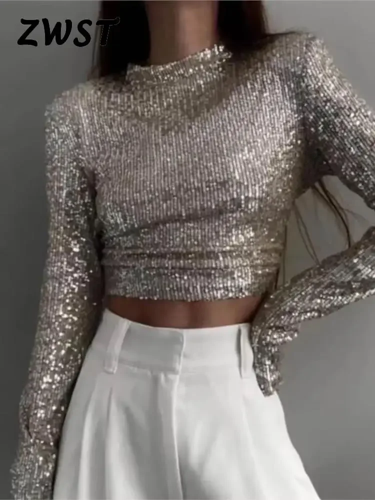 Sequins Sexy Crop Top Women Silver O-neck Long Sleeve Slim T-shirt 2024 Winter Fashion Party Club Solid Match All Ladies Tshirts