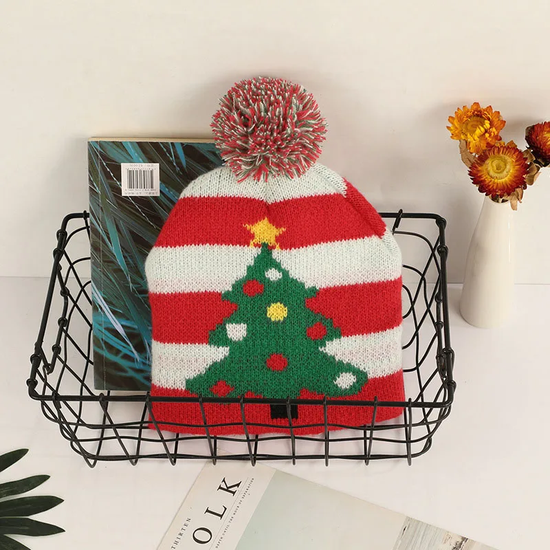 Christmas Mummy Baby Hat Bonnet Red White stripes Green Tree Knitted Hats with Pom Pom Xmas New Year Party Gifts Decorations image 2