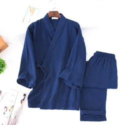 100% Cotton Crepe Men's and Women's Kimono Pajamas Long-sleeved V-Neck Pyjamas Women Kimono Suit Solid Plus Size Pijama Mujer