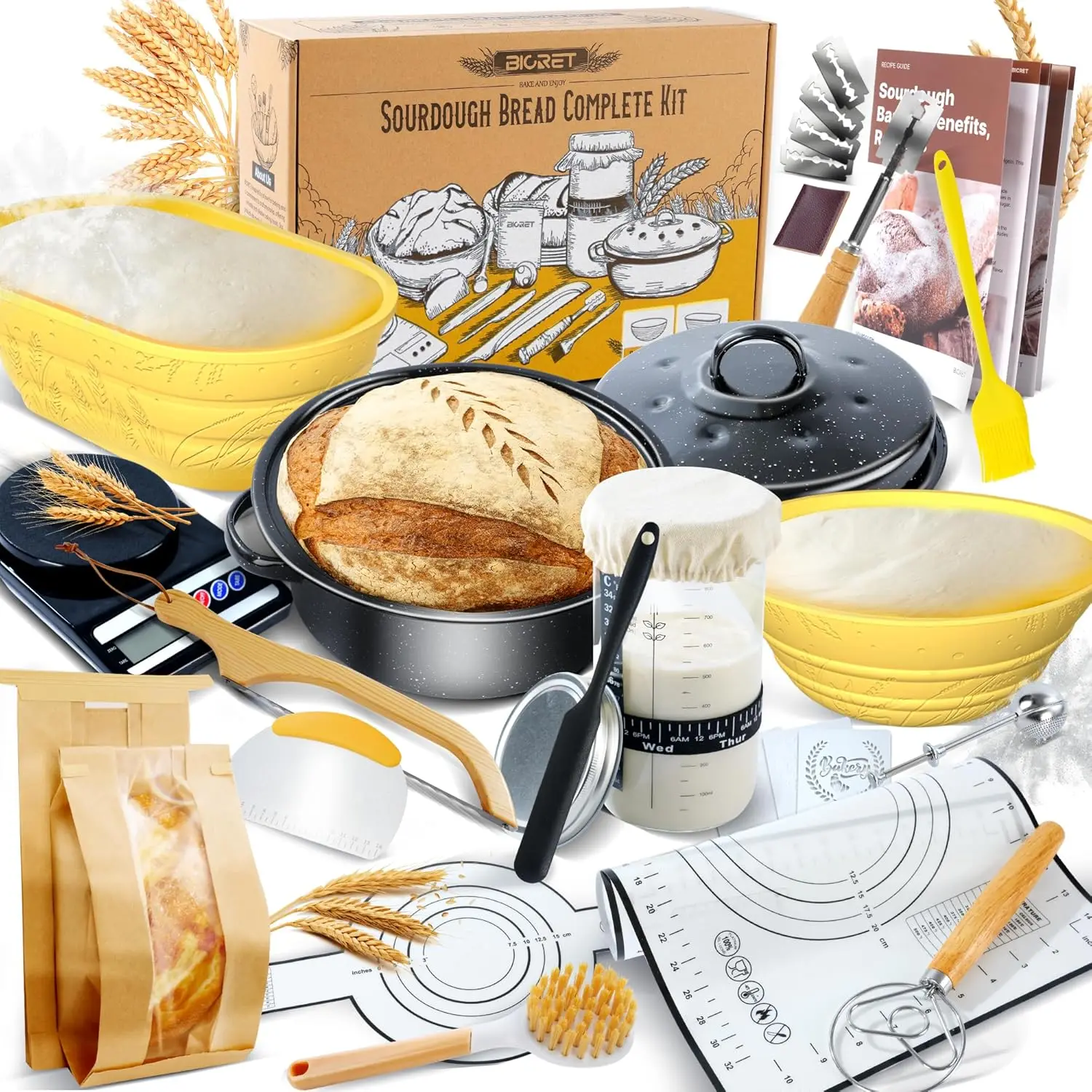 

Complete Sourdough Baking Kit with 34 oz Starter Jar, Silicone Proofing Baskets, Tools & Recipe Book for Homemade Bread