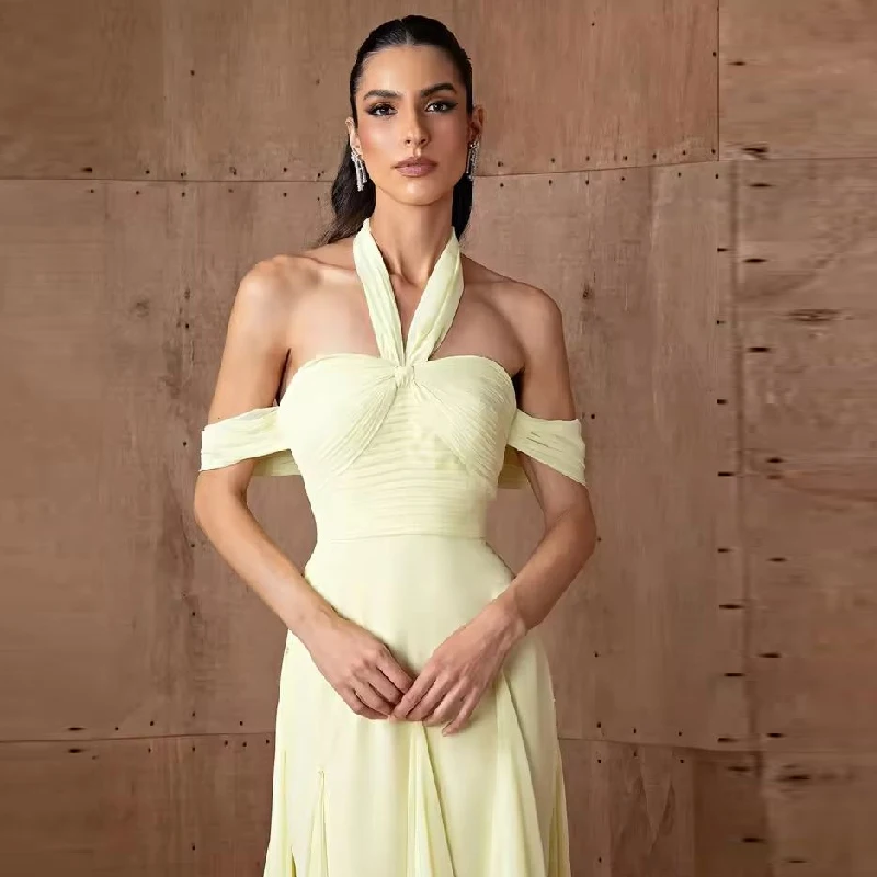 

Chiffon vestidos de fiesta Yellow Halter Neck Prom Dress Short Sleeve A-Line Customized Luxurious Women Evening Dresses