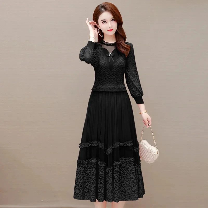 Elasti Pleated Long Dress 2023 New Spring Dress Women's Lantern Sleeves Fake Two Pieces Over Knee Lace Mesh Dress High Quality