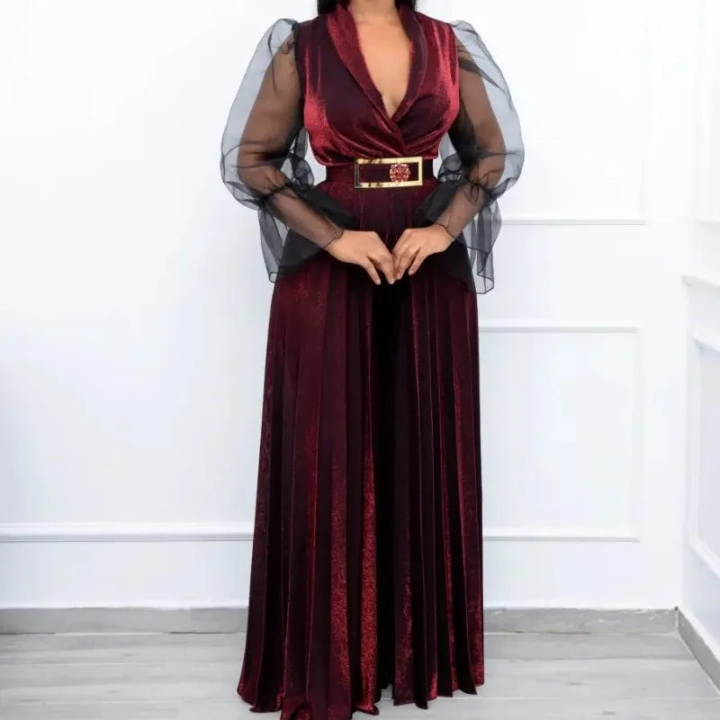 plus Size Chic Women Velvet Jumpsuits Sheer Long Sleeve Pleated Wide Leg Pants One Piece Outfits Vintage Elegant Party Rompers