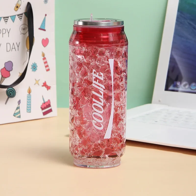 علب ثلج لثلاجة الكولا، كوب بلاستيكي قابل لإعادة الاستخدام، طبقة مزدوجة كزجاجة مياه للشاي والقهوة البلاستيكية مع القش