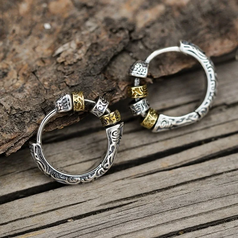 ANENJERY Thai Silver Splicing Color Hoop Earrings for Women Buckle Niche Design Cool Earrings Jewelry