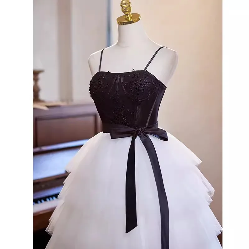 Elegante schwarz weiß Geburtstags feier Kleider Spitze Applikation Korsett abgestuften Rock Frauen Abschluss ball Anlass tragen Heimkehr Robe de Mariage