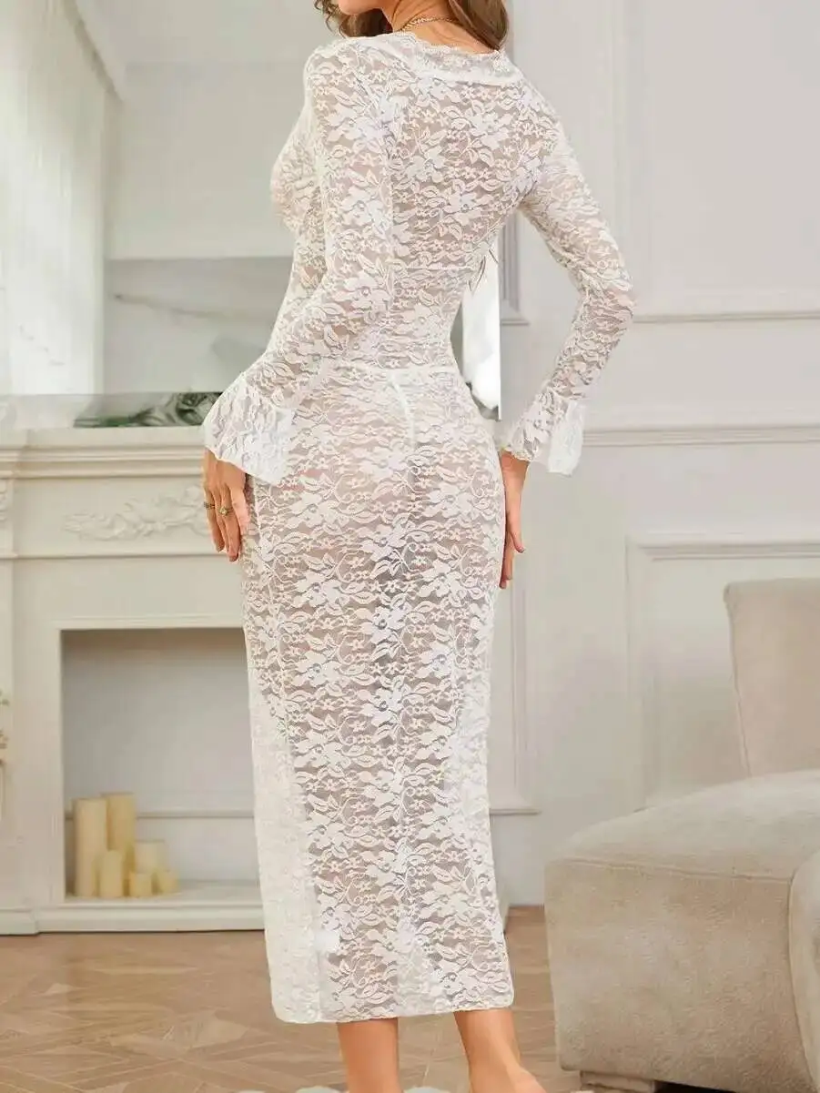 Sexy Deep V Lace Flower Embroidery Transparent Slim Fit Long Sleeved Dress Pure Desire Casual Style Dress Elegant Charming K9YZ