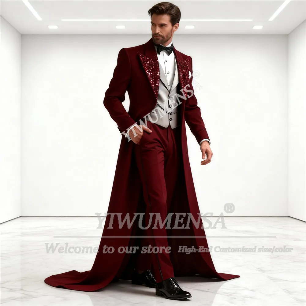 

Эксклюзивный дизайн, костюм для мужчин, комплекты из 3 предметов, блейзеры для жениха с блестками и лацканами, длинные свадебные смокинги по индивидуальному заказу, облегающие