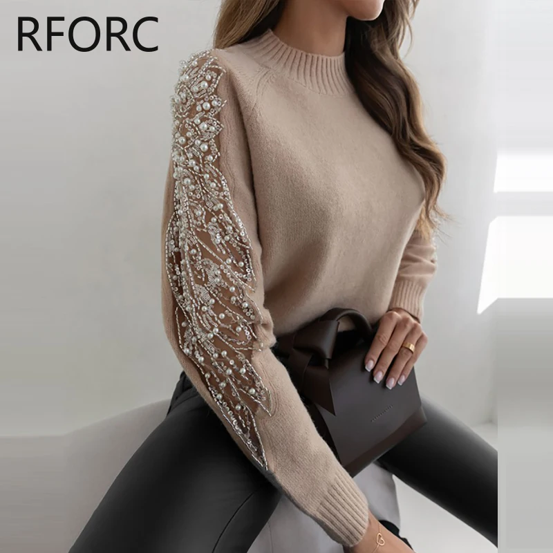 2023 Women Solid Hook Flower Hollow Sequins Patch Long Sleeves Knitting Pullovers Tops