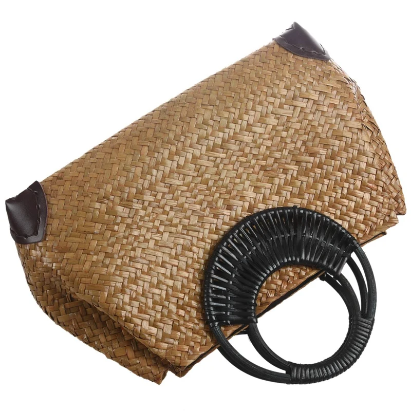 Women Straw Bags Female Bamboo Summer Beach Weave Handbag Lady Handmade Vintage Wood Handle Bag Travel Knitted Totes Bags Promot