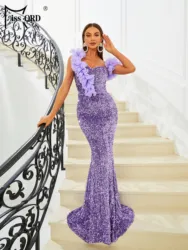 Missord elegancka fioletowa cekinowa suknia wieczorowa syrenka kobiety Ruffles jedno ramię bez rękawów Bodycon Maxi sukienki na bal maturalny suknia