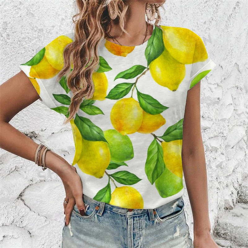 

Летние футболки с тропическими фруктами и лимоном, женская модная футболка с 3D принтом и круглым вырезом с короткими рукавами Y2k, футболки в стиле Харадзюку, верхняя женская одежда