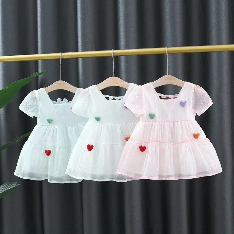 

Summer Children's Clothing Girls' Baby Colored Love Party Princess Dress Short Sleeve Bowknot Toddler Clothing 0-3Y Children's